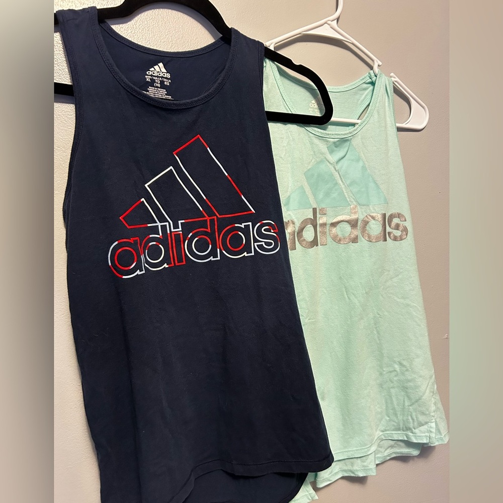 2 Adidas Girls Tank Tops Size XL (16) – Navy & Mint Green – Activewear Bundle